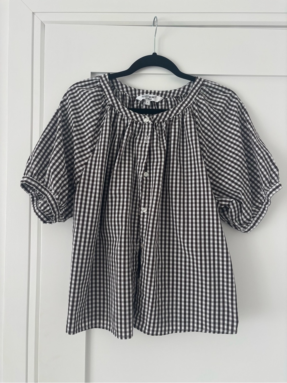 Gingham Button-Front Puff Sleeve Blouse - Brown/white